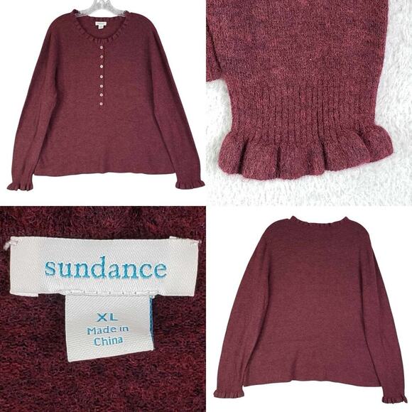 Sundance Sweater Women’s Size XL Burgundy Pullover Knit Wool Cashmere Ruffle - Picture 1 of 8